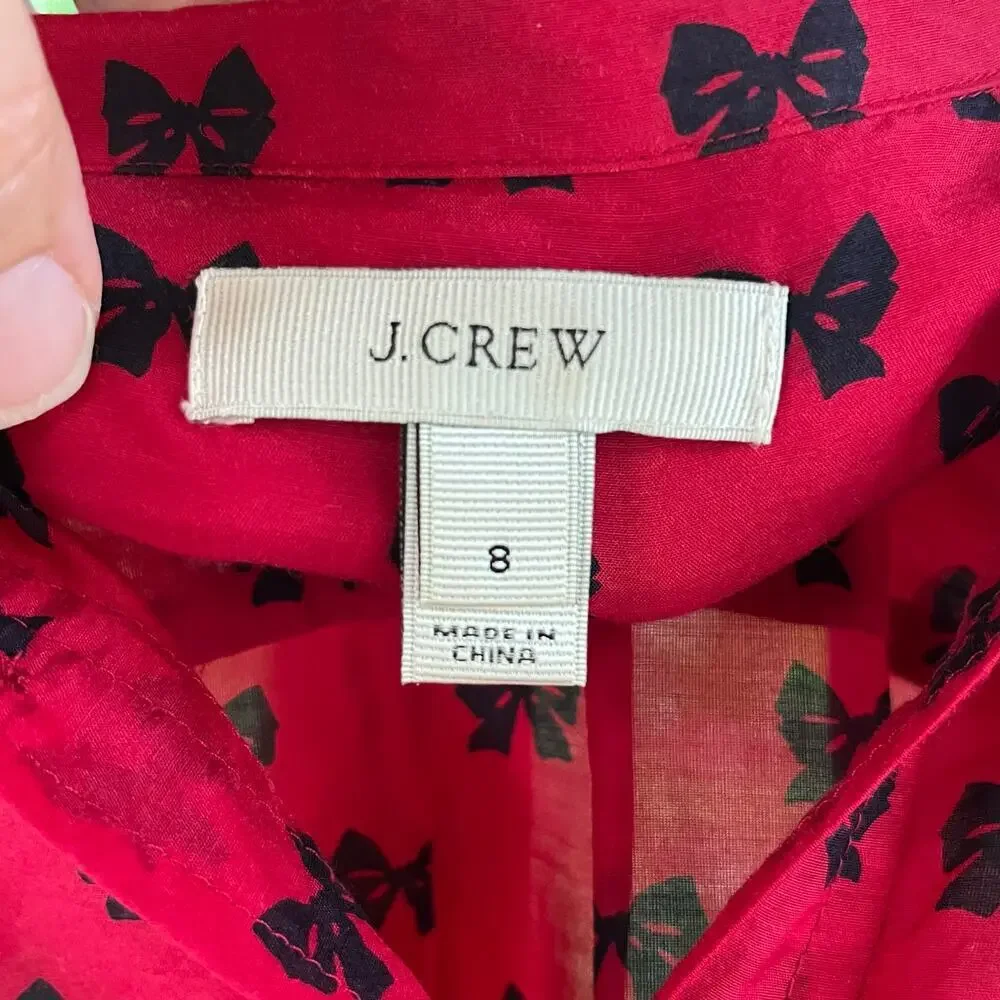 J. Crew Women's Red & Black Bow Print Blouse Cotton/Silk Size 8